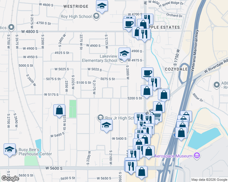 map of restaurants, bars, coffee shops, grocery stores, and more near 5140 South 2100 West in Roy