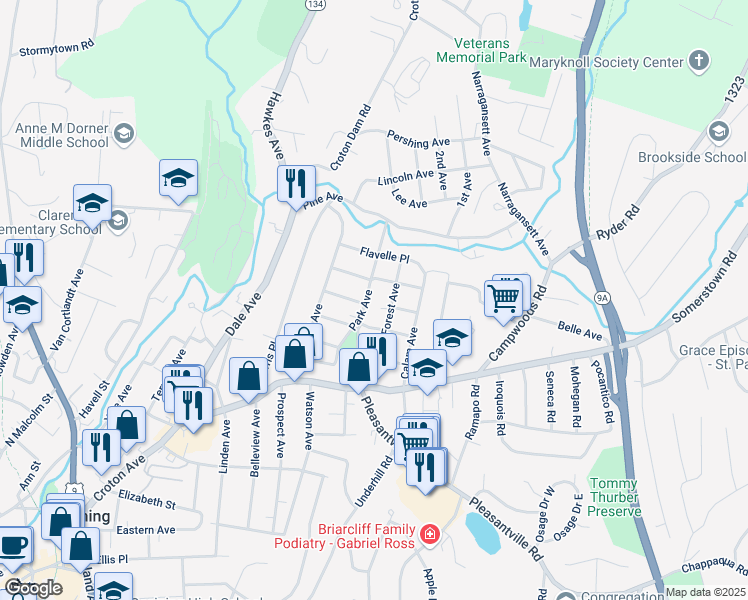 map of restaurants, bars, coffee shops, grocery stores, and more near 30 Park Avenue in Ossining