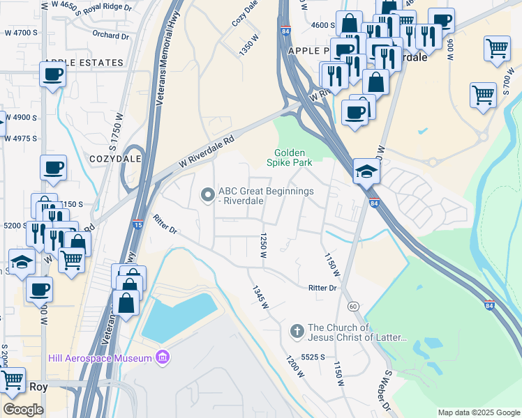 map of restaurants, bars, coffee shops, grocery stores, and more near 5135 1250 West in Ogden
