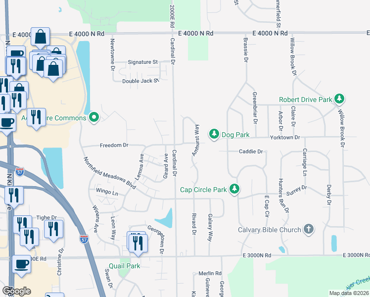 map of restaurants, bars, coffee shops, grocery stores, and more near 1605 Amhurst Way in Bourbonnais