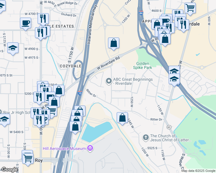 map of restaurants, bars, coffee shops, grocery stores, and more near 5165 1500 West in Riverdale