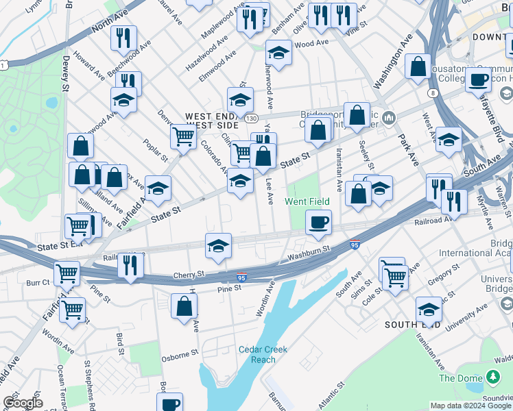 map of restaurants, bars, coffee shops, grocery stores, and more near 75 Clinton Avenue in Bridgeport