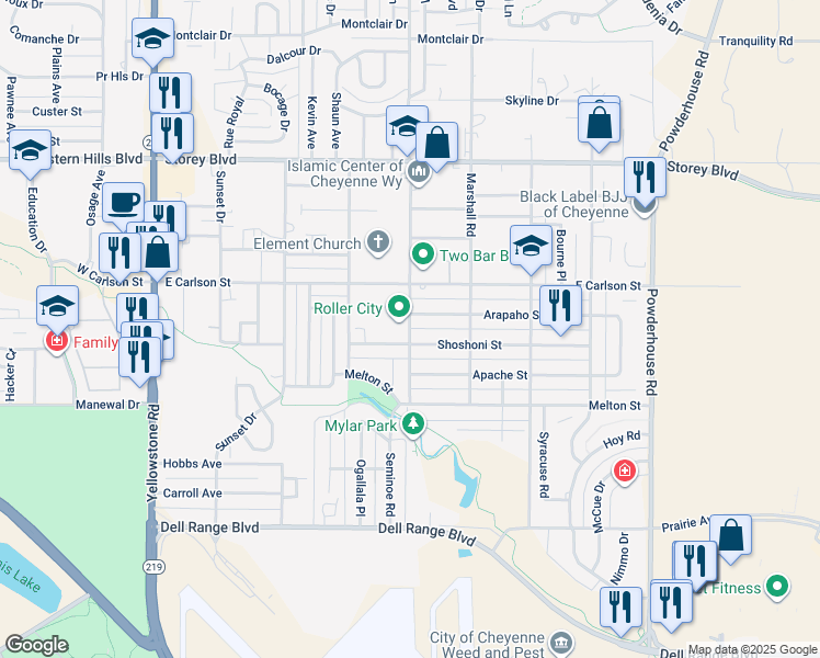 map of restaurants, bars, coffee shops, grocery stores, and more near 5603 Weaver Road in Cheyenne