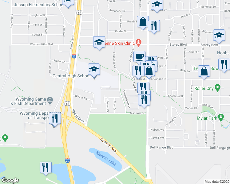 map of restaurants, bars, coffee shops, grocery stores, and more near 5500 Education Drive in Cheyenne