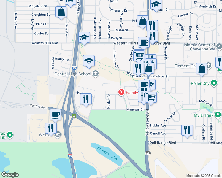 map of restaurants, bars, coffee shops, grocery stores, and more near 5500 Education Drive in Cheyenne