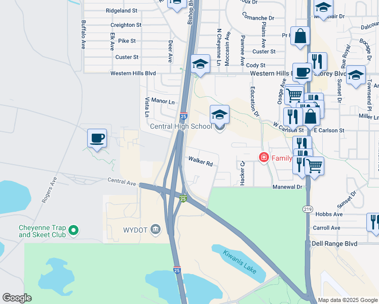 map of restaurants, bars, coffee shops, grocery stores, and more near 5500 Education Drive in Cheyenne