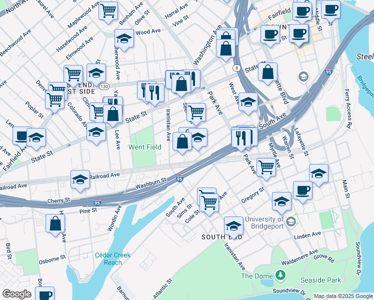map of restaurants, bars, coffee shops, grocery stores, and more near 227 Lewis Street in Bridgeport