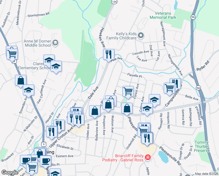 map of restaurants, bars, coffee shops, grocery stores, and more near 59 Ferris Place in Ossining
