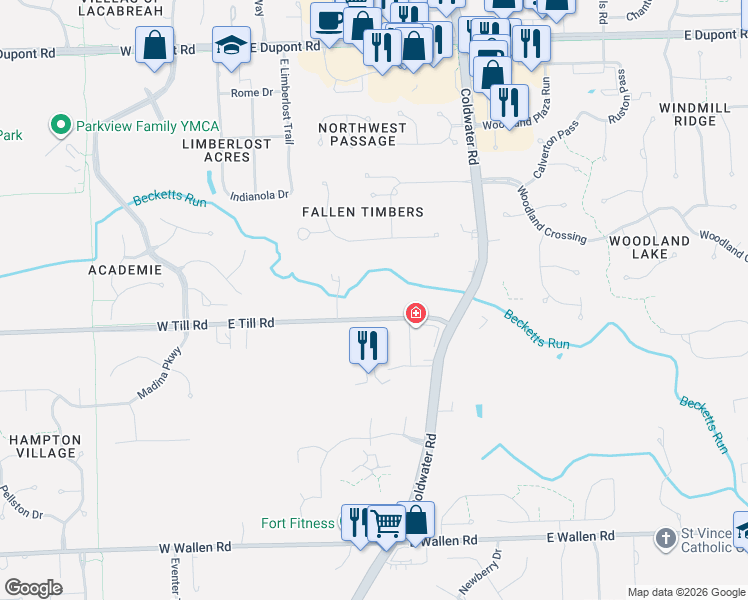 map of restaurants, bars, coffee shops, grocery stores, and more near 537 East Till Road in Fort Wayne