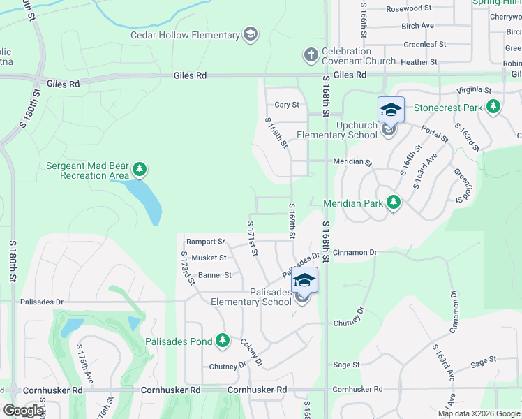 map of restaurants, bars, coffee shops, grocery stores, and more near 17024 Greenfield Street in Omaha
