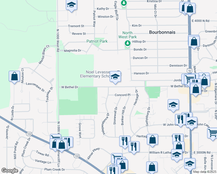 map of restaurants, bars, coffee shops, grocery stores, and more near 715 West Bethel Drive in Bourbonnais