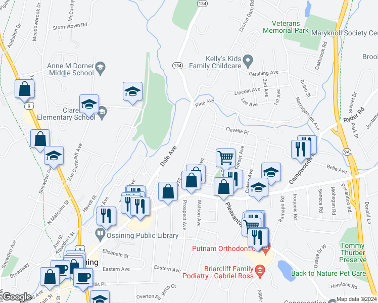 map of restaurants, bars, coffee shops, grocery stores, and more near Ferris Place in Ossining