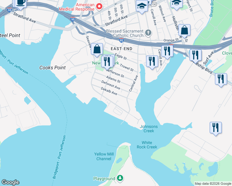 map of restaurants, bars, coffee shops, grocery stores, and more near 189 Dekalb Avenue in Bridgeport