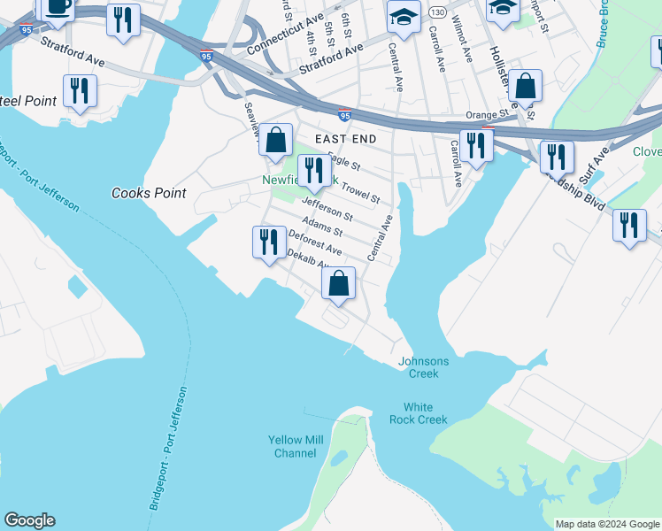map of restaurants, bars, coffee shops, grocery stores, and more near 191 Dekalb Avenue in Bridgeport