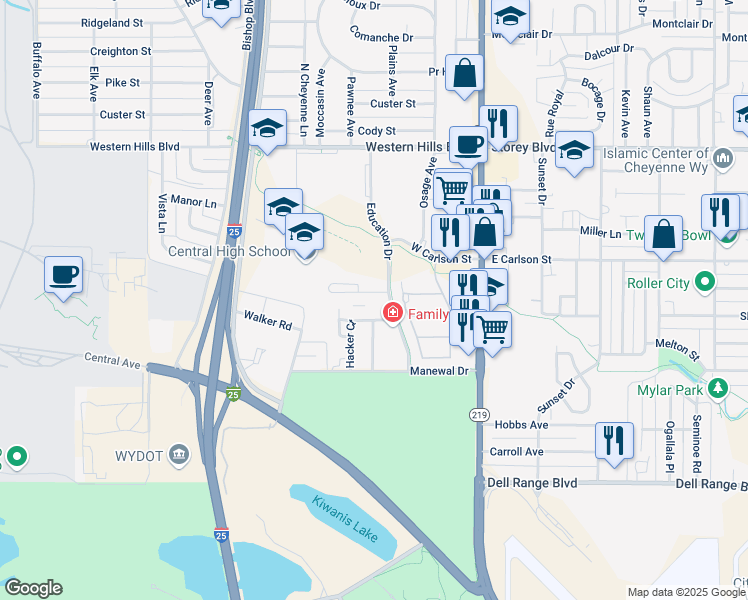 map of restaurants, bars, coffee shops, grocery stores, and more near 312 Hacker Court in Cheyenne