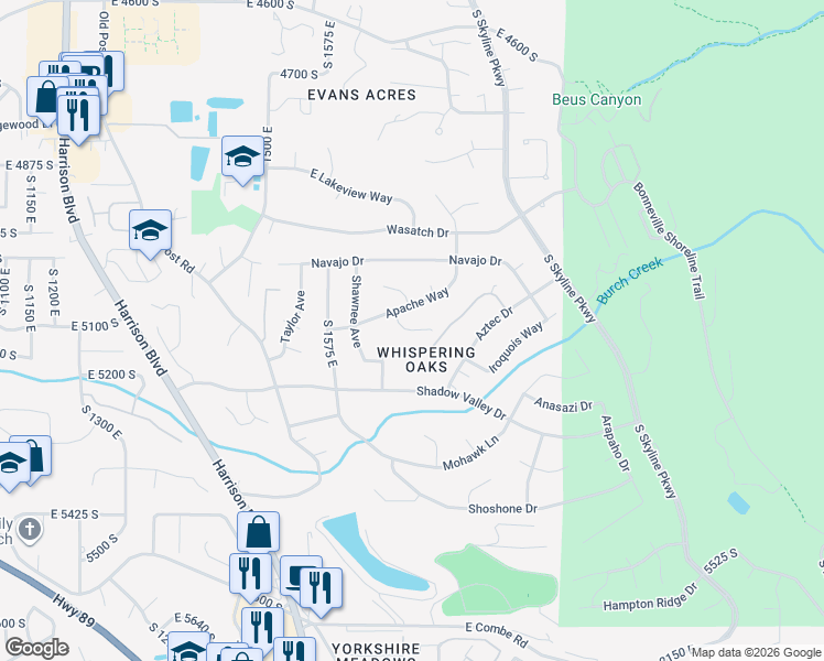 map of restaurants, bars, coffee shops, grocery stores, and more near 1675 East in Ogden