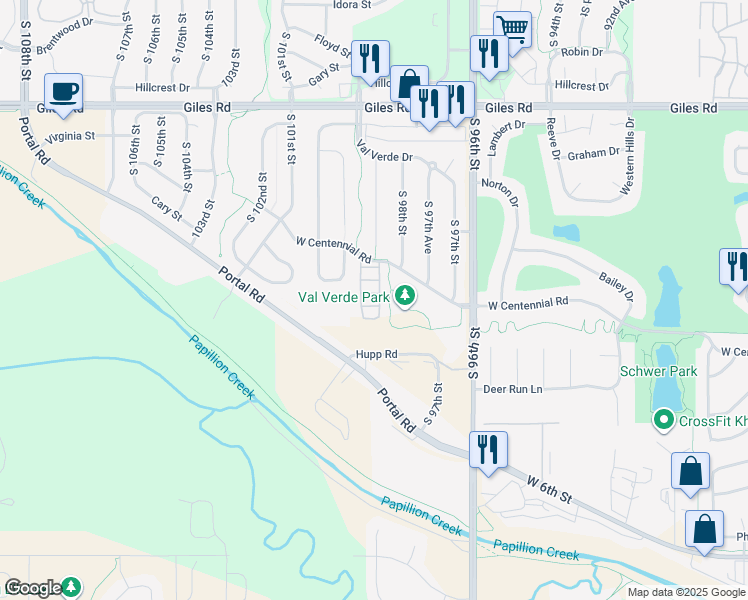 map of restaurants, bars, coffee shops, grocery stores, and more near 9827 West Centennial Road in La Vista