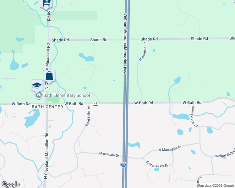 map of restaurants, bars, coffee shops, grocery stores, and more near 3583 West Bath Road in Akron