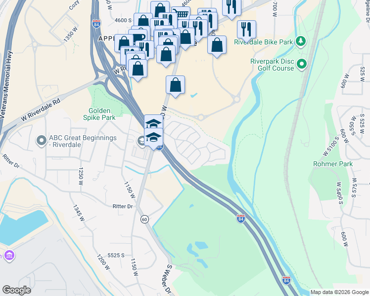 map of restaurants, bars, coffee shops, grocery stores, and more near 5100 South 1050 West in Riverdale