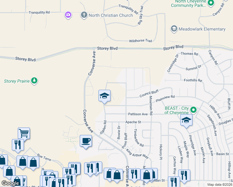 map of restaurants, bars, coffee shops, grocery stores, and more near 2100-2134 Crane Bluff Rd in Cheyenne