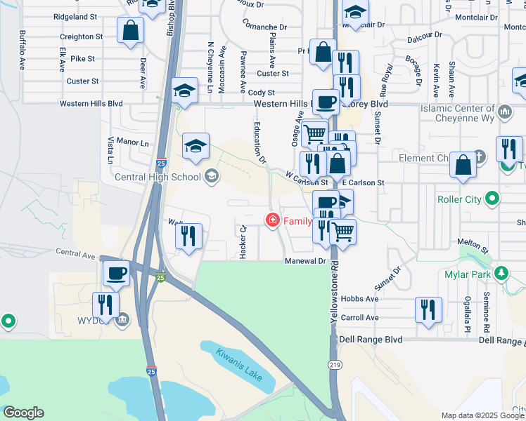 map of restaurants, bars, coffee shops, grocery stores, and more near 5500 Education Drive in Cheyenne