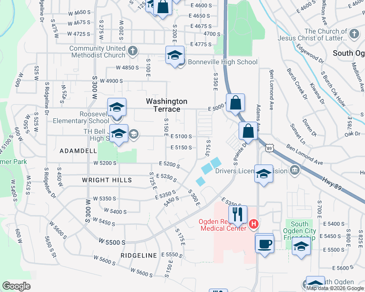 map of restaurants, bars, coffee shops, grocery stores, and more near 249 East 5100 South in Ogden