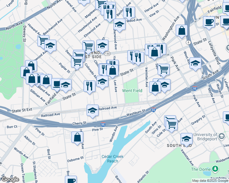 map of restaurants, bars, coffee shops, grocery stores, and more near 140 Clinton Avenue in Bridgeport
