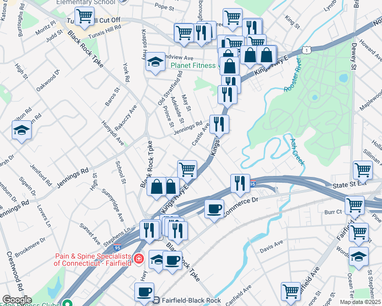 map of restaurants, bars, coffee shops, grocery stores, and more near 133 Castle Avenue in Fairfield