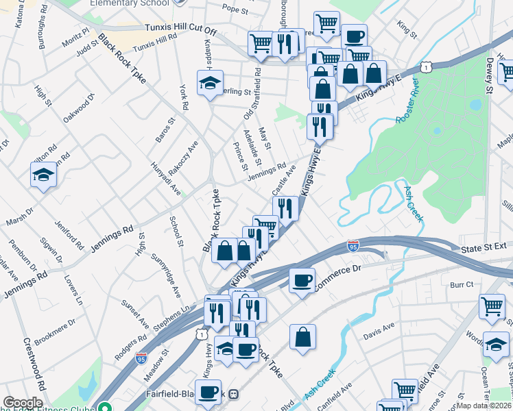 map of restaurants, bars, coffee shops, grocery stores, and more near 163 Longfellow Avenue in Fairfield