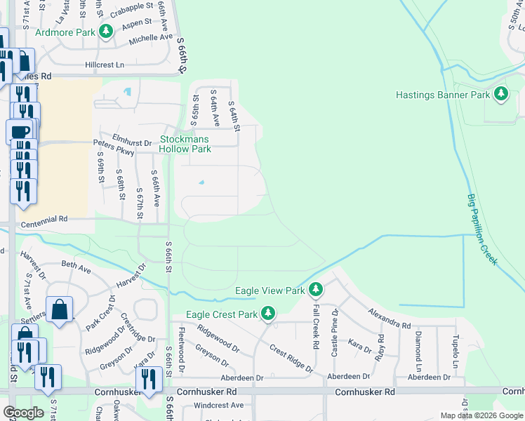map of restaurants, bars, coffee shops, grocery stores, and more near 8715 South 64th Street in Omaha