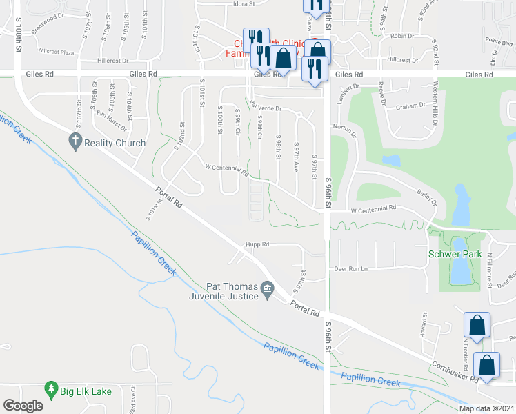 map of restaurants, bars, coffee shops, grocery stores, and more near 9827 West Centennial Road in La Vista