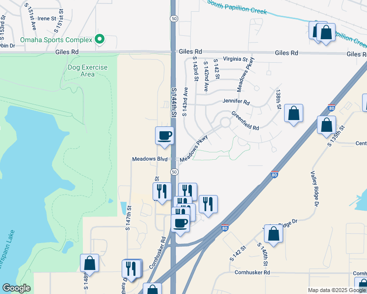 map of restaurants, bars, coffee shops, grocery stores, and more near 14360 82 Meadows Parkway in Omaha