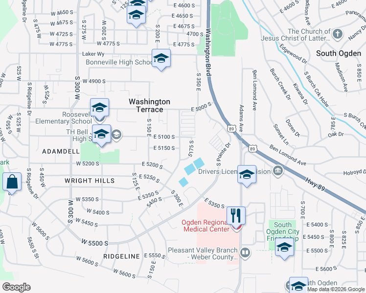 map of restaurants, bars, coffee shops, grocery stores, and more near 5142 South 300 East in Ogden