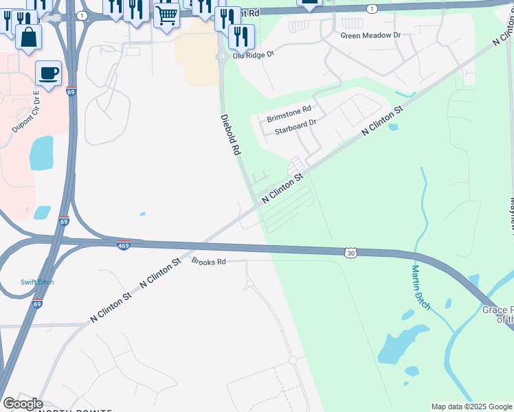 map of restaurants, bars, coffee shops, grocery stores, and more near N Clinton St & Diebold Rd in Fort Wayne