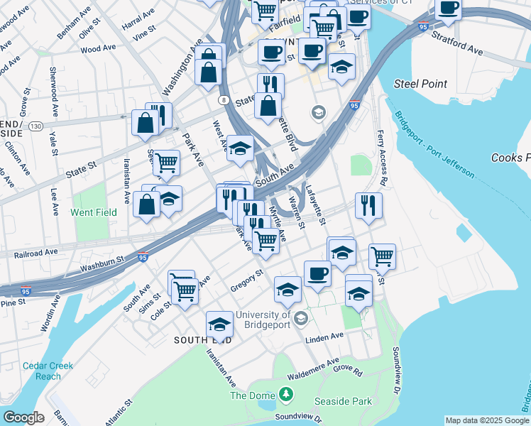 map of restaurants, bars, coffee shops, grocery stores, and more near 320 Railroad Avenue in Bridgeport