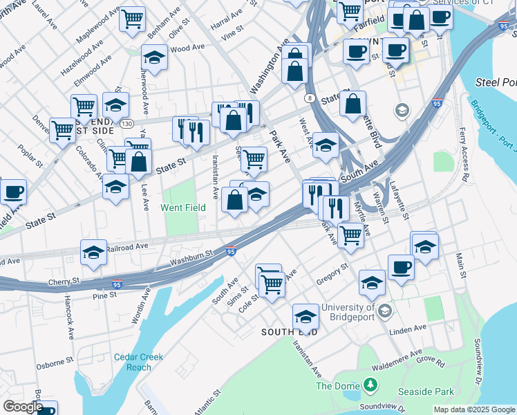map of restaurants, bars, coffee shops, grocery stores, and more near 149 Black Rock Avenue in Bridgeport