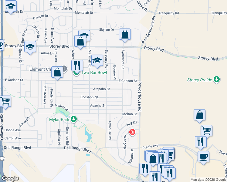 map of restaurants, bars, coffee shops, grocery stores, and more near 930 Arapaho Street in Cheyenne