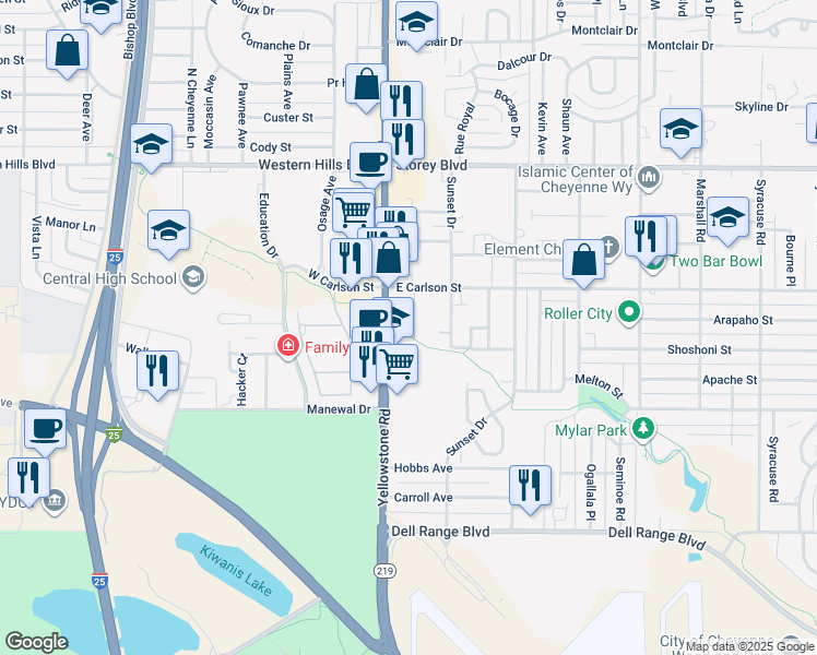 map of restaurants, bars, coffee shops, grocery stores, and more near 5522 Lawrence Lane in Cheyenne