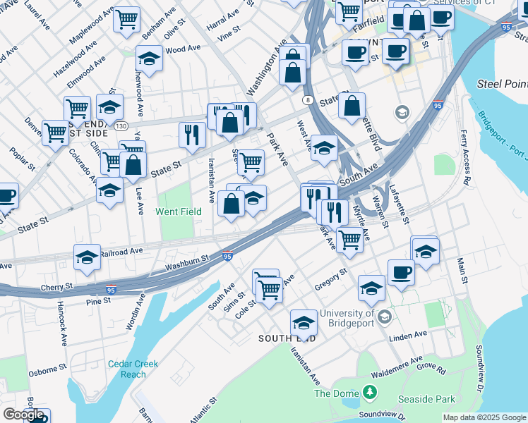 map of restaurants, bars, coffee shops, grocery stores, and more near 149 Black Rock Avenue in Bridgeport