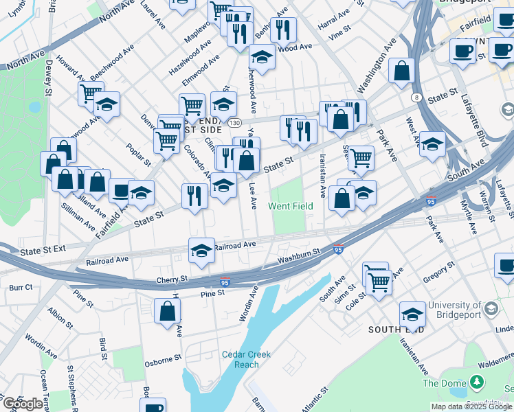 map of restaurants, bars, coffee shops, grocery stores, and more near 140 Clinton Avenue in Bridgeport