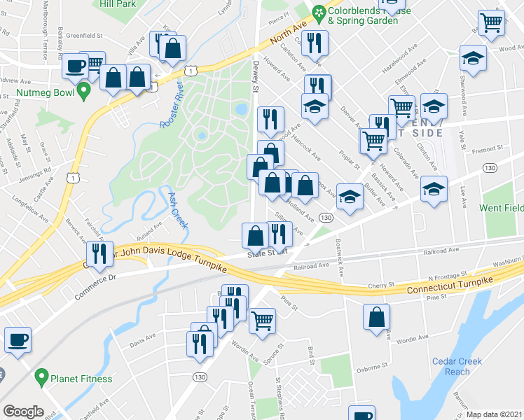 map of restaurants, bars, coffee shops, grocery stores, and more near 248 Dewey Street in Bridgeport