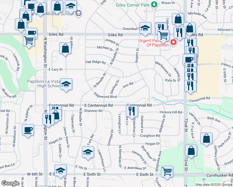 map of restaurants, bars, coffee shops, grocery stores, and more near 906 Iron Road in Papillion