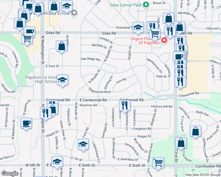 map of restaurants, bars, coffee shops, grocery stores, and more near 906 Iron Road in Papillion