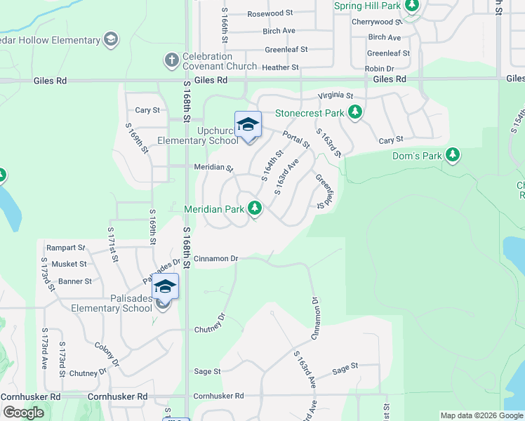 map of restaurants, bars, coffee shops, grocery stores, and more near 8828 South 163rd Avenue in Omaha