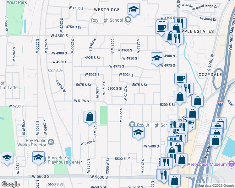 map of restaurants, bars, coffee shops, grocery stores, and more near 5120 2275 West Street in Roy