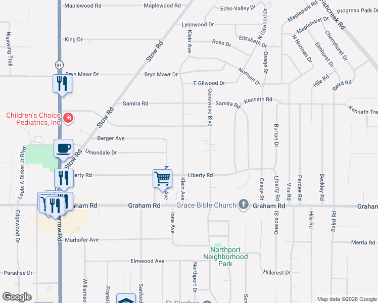 map of restaurants, bars, coffee shops, grocery stores, and more near 3971 Klein Avenue in Stow