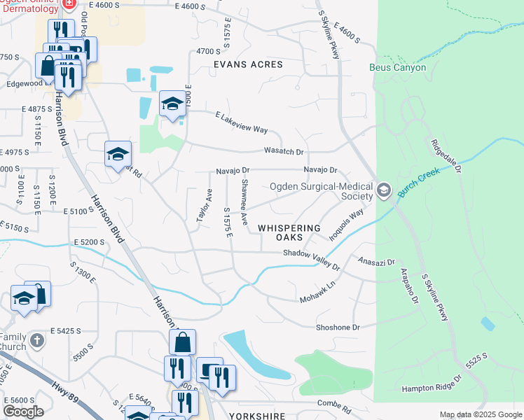 map of restaurants, bars, coffee shops, grocery stores, and more near 1636 Apache Way in Ogden