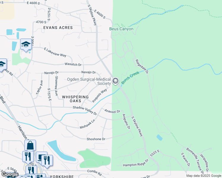 map of restaurants, bars, coffee shops, grocery stores, and more near 5078 Iroquois Way in Ogden