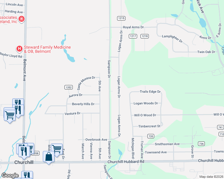 map of restaurants, bars, coffee shops, grocery stores, and more near 5133 Sampson Drive in Youngstown