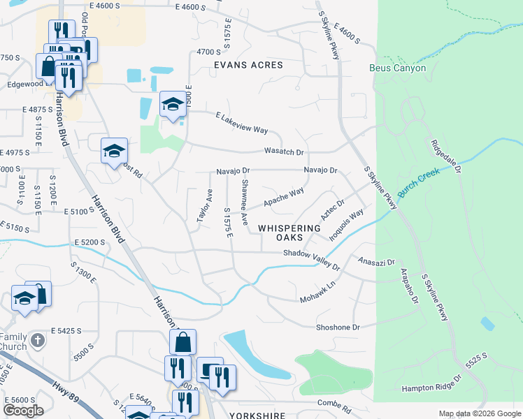 map of restaurants, bars, coffee shops, grocery stores, and more near 1636 Apache Way in Ogden